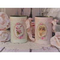 ~ A set of 2 Vintage Shabby Chic Painted Decor Decoupage Tin Cans, Lace Trim ~   283077908195